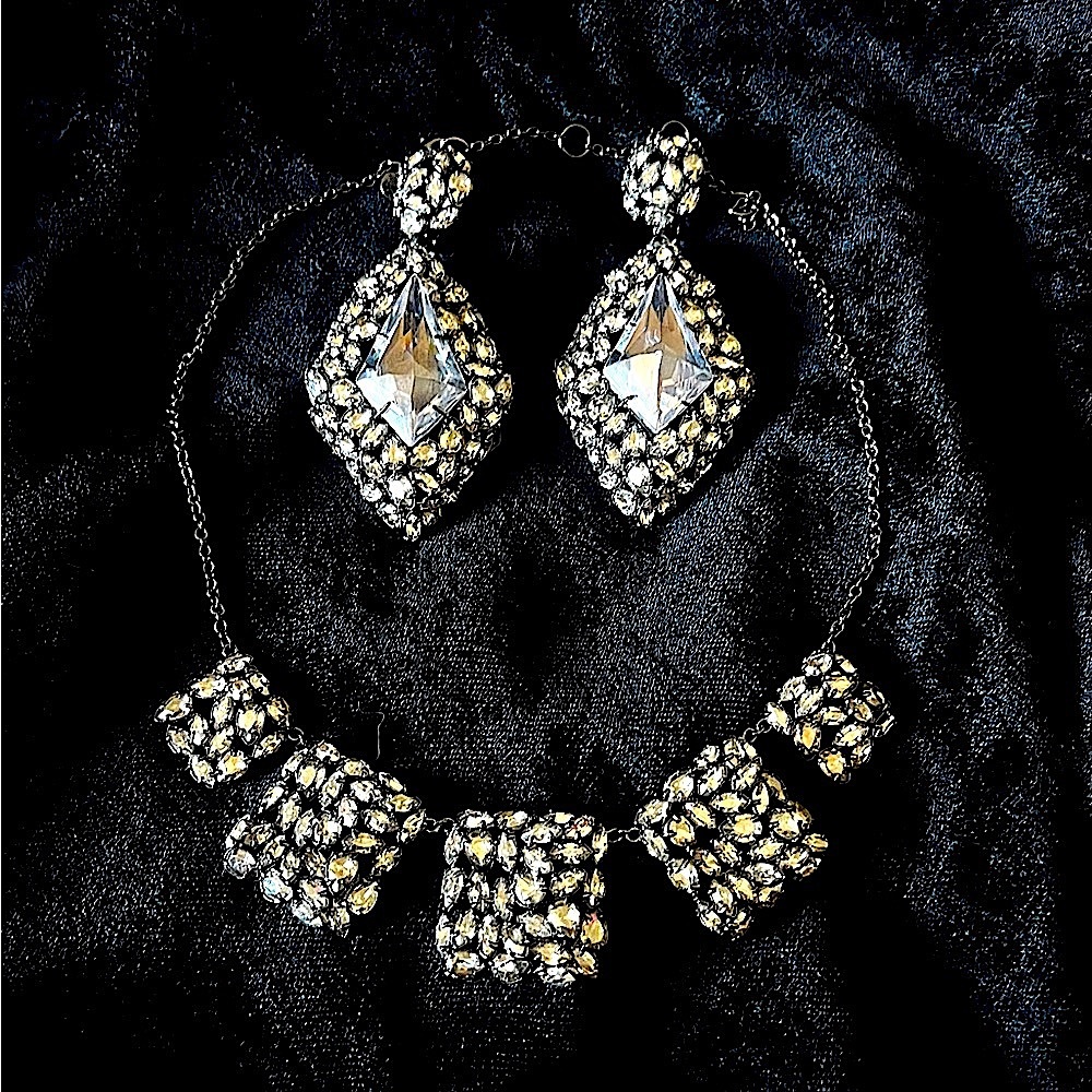 NORDSTROMS DRESSY CLIP EARRINGS & RHINESTONE NECKLACE.
